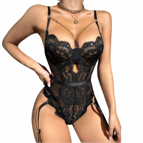 De Namour Sheer Lace Cut-out Bodysuit with Neckline Chain Black from Nice 'n' Naughty