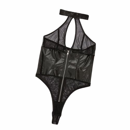 De Namour Sheer Mesh Halter Bodysuit with Zip-down Front Black from Nice 'n' Naughty