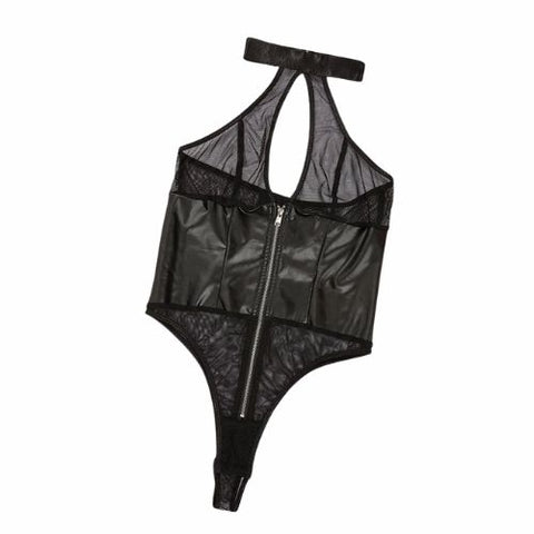 De Namour Sheer Mesh Halter Bodysuit with Zip-down Front Black from Nice 'n' Naughty