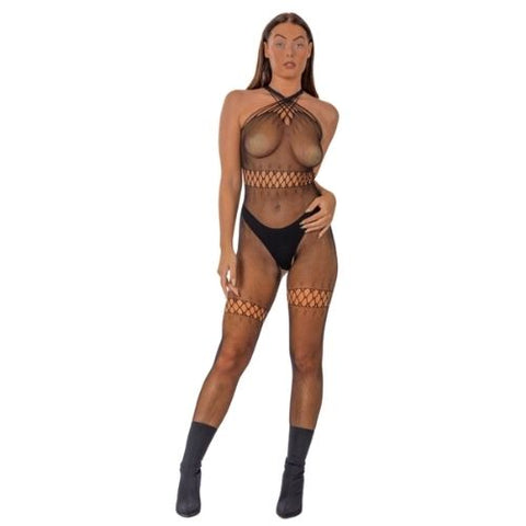 Lace by LJ Crossover Neck Crotchless Bodystocking Black from Nice 'n' Naughty