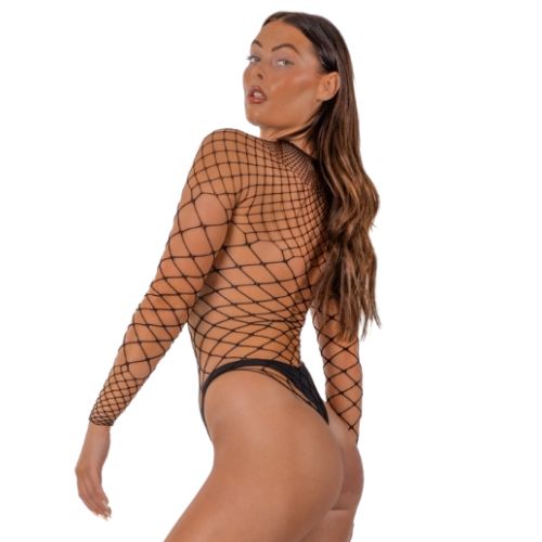 Lace by LJ Fence Net Long Sleeved Thong Bodysuit Black from Nice 'n' Naughty