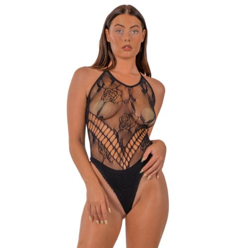 Lace by LJ Floral Halter Bodysuit Black from Nice 'n' Naughty