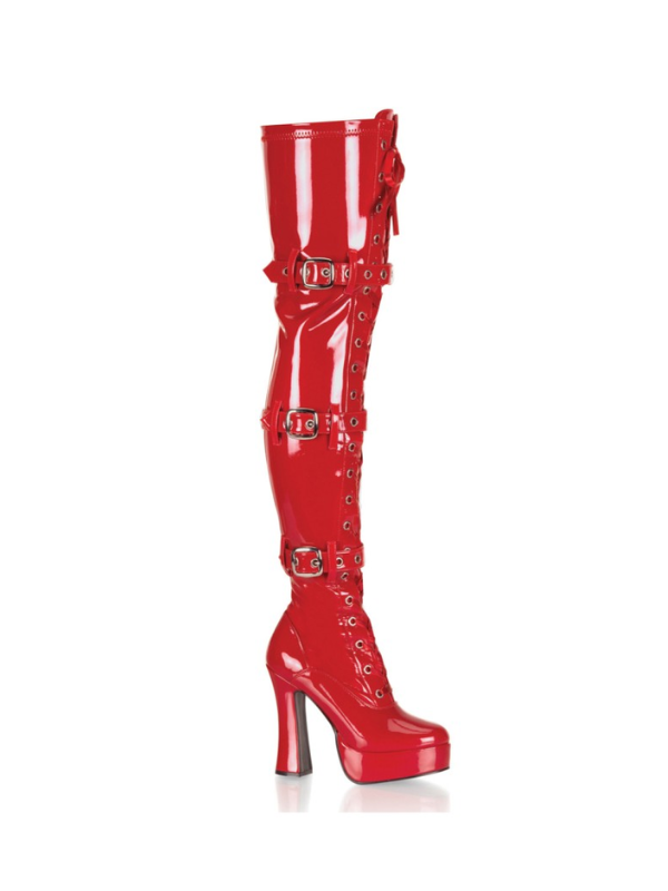 Pleaser Electra Thigh High Boots w Straps Red Patent from Nice 'n' Naughty
